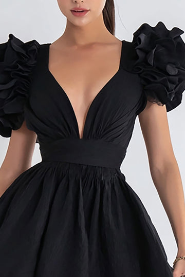 A-Line V-Neck Black Mini Dress with Ruffles